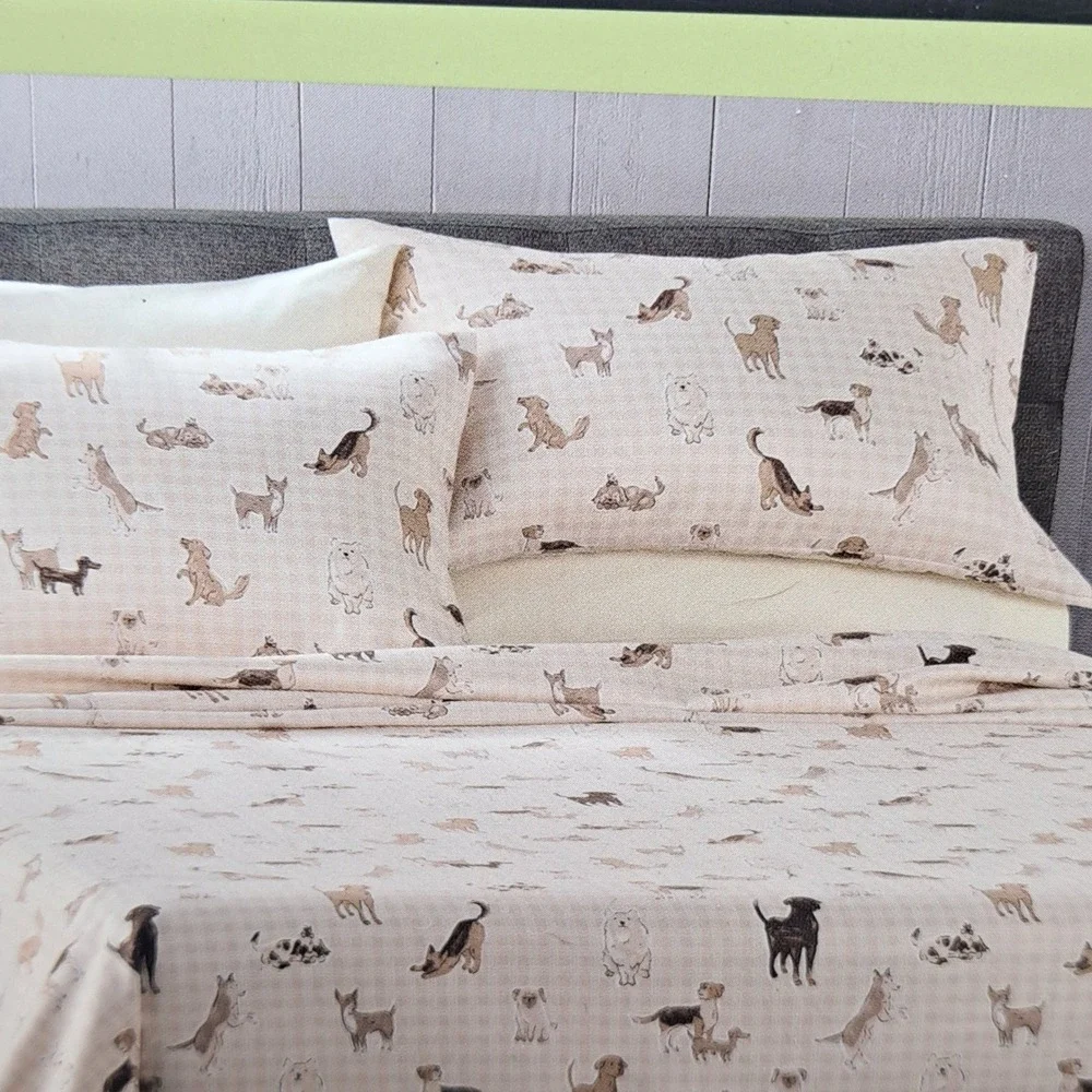 Cuddl Duds Sheet Set Full Size Tan Plaid Dogs Microfiber Soft Warm Bedding New